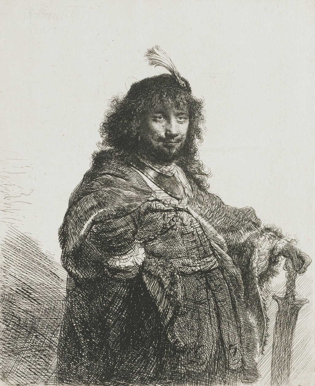 ¿Autorretrato? con boina con plumas, apoyando la mano en una espada, 1634 de Rembrandt van Rijn