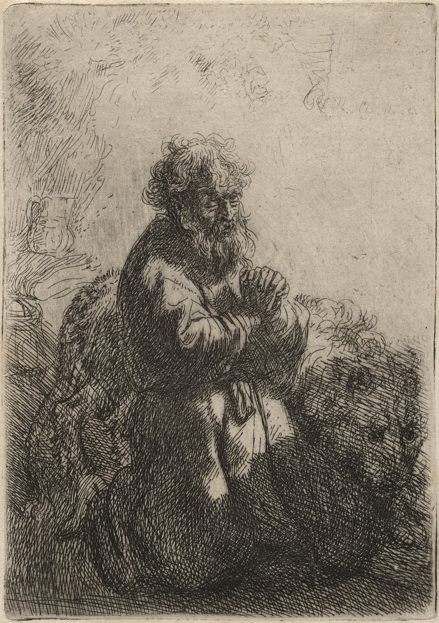 San Jerónimo arrodillado en oración, mirando hacia abajo de Rembrandt van Rijn