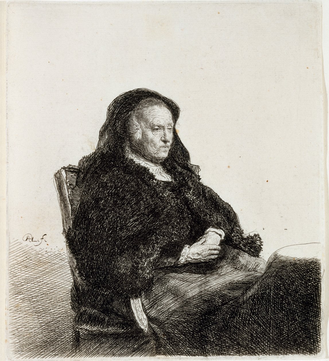 La madre del artista sentada en una mesa, c.1631 de Rembrandt van Rijn