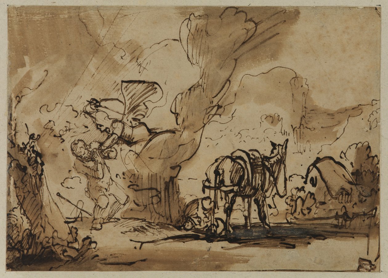 El ángel del Señor ataca a Moisés y Séfora circuncida a su hijo para calmar la ira de Dios de Rembrandt van Rijn