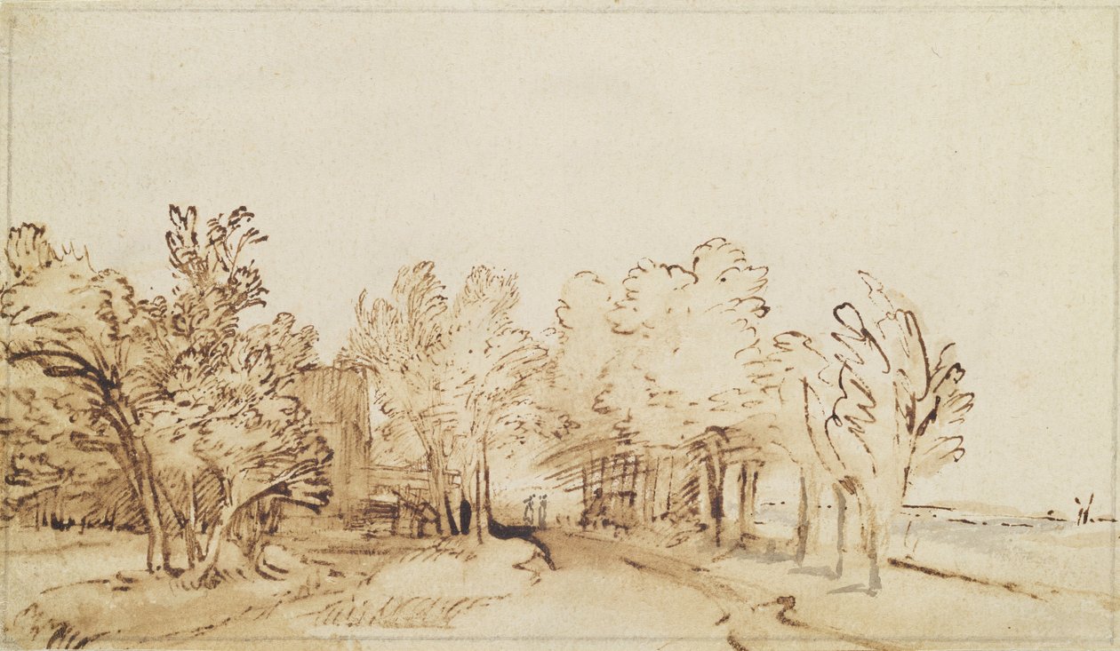 Avenida con un sendero y una granja a la izquierda de Rembrandt van Rijn