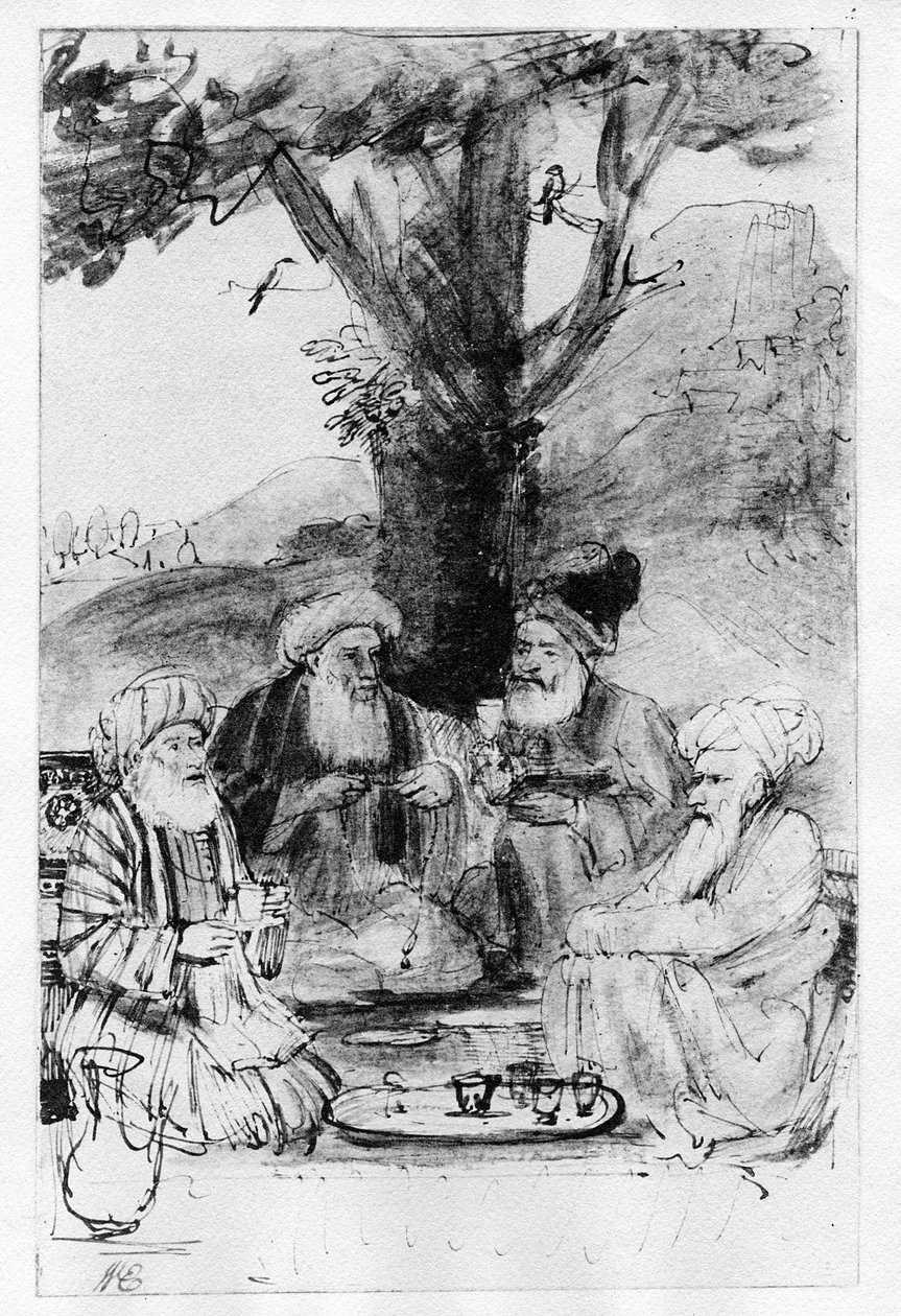 Cuatro orientales sentados bajo un árbol de Rembrandt van Rijn