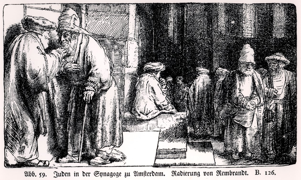 Judíos en la sinagoga en Ámsterdam, grabado por el artista de Rembrandt van Rijn
