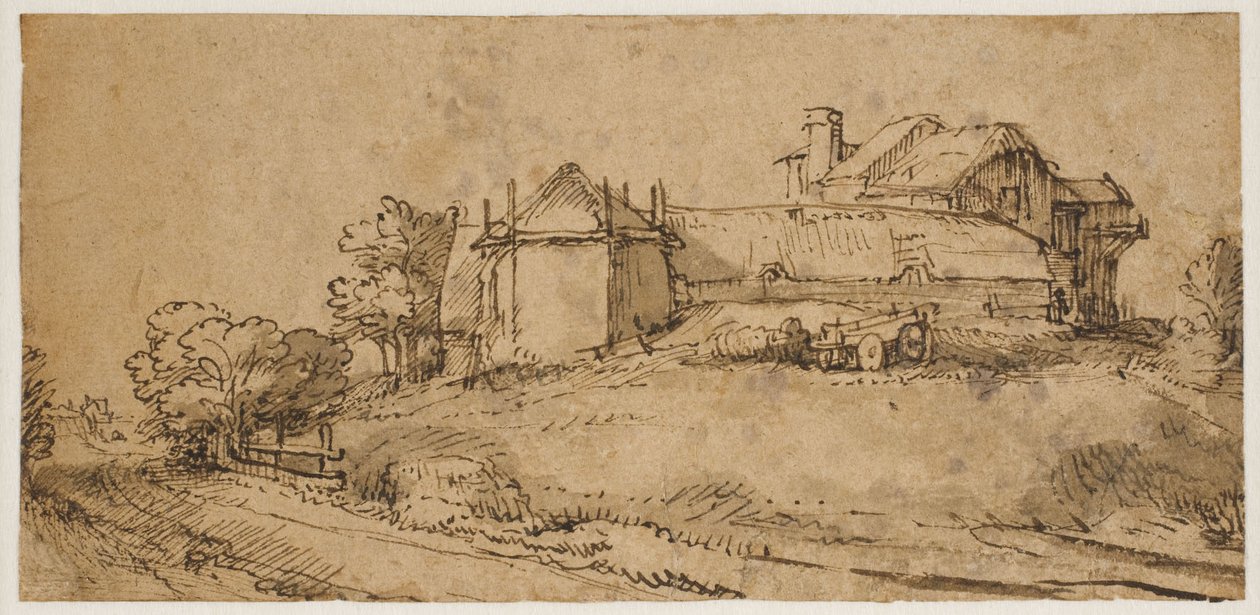 Paisaje con una granja y un granero de heno de Rembrandt van Rijn