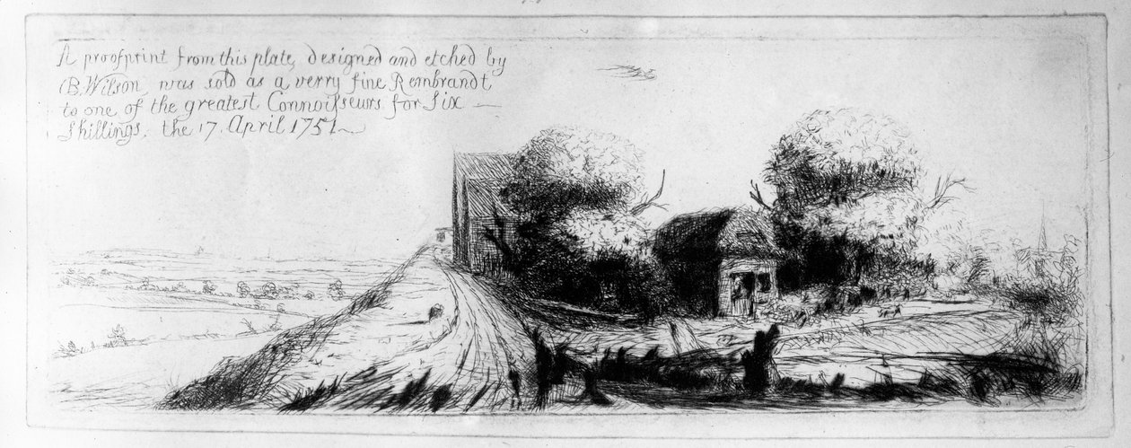 Paisaje con camino rural y cabañas, grabado por Benjamin Wilson, 1751 de Rembrandt van Rijn