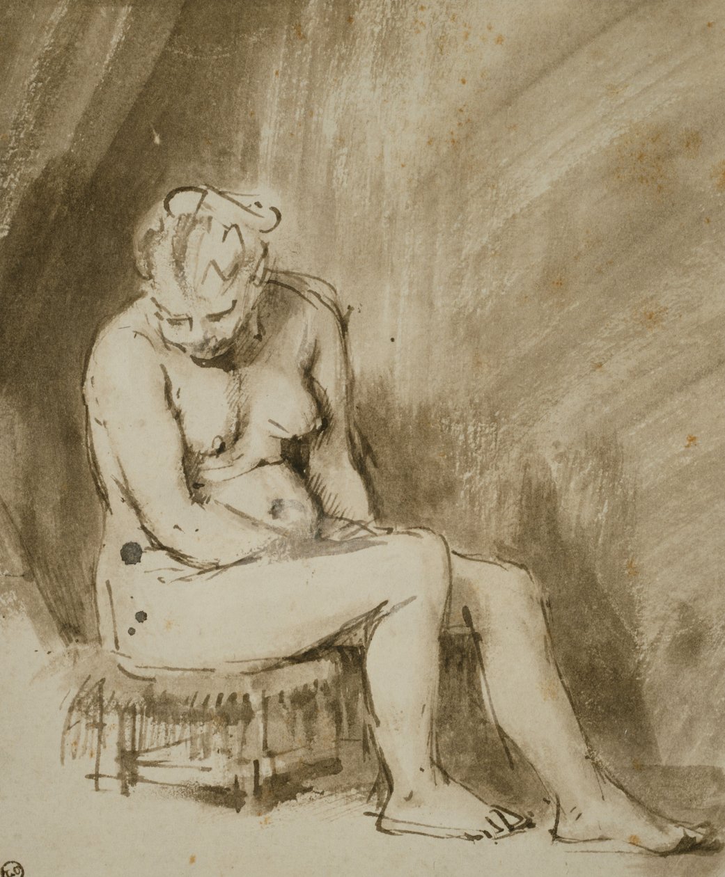 Mujer desnuda sentada en un taburete de Rembrandt van Rijn