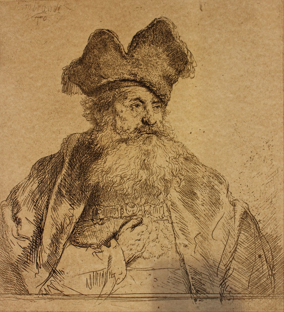 Viejo con un gorro de piel dividido de Rembrandt van Rijn