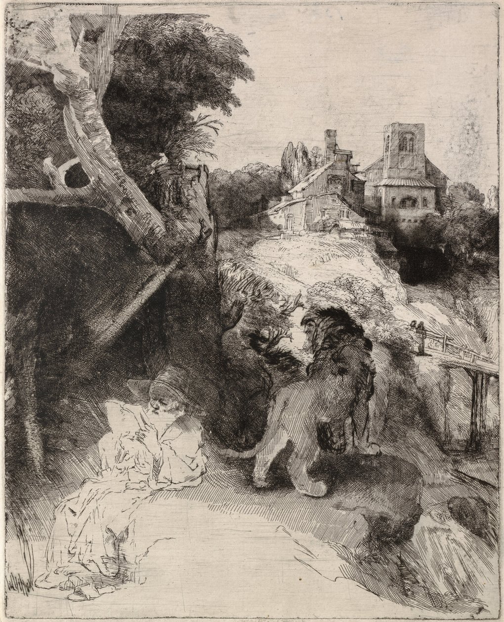 San Jerónimo leyendo en un paisaje italiano de Rembrandt van Rijn