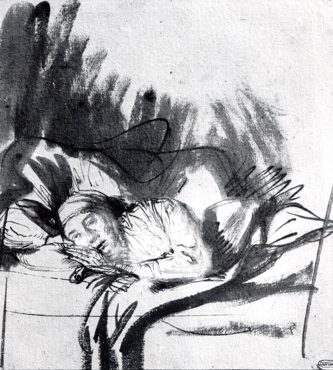 Mujer enferma en una cama, tal vez Saskia, esposa del pintor, c.1640 de Rembrandt van Rijn