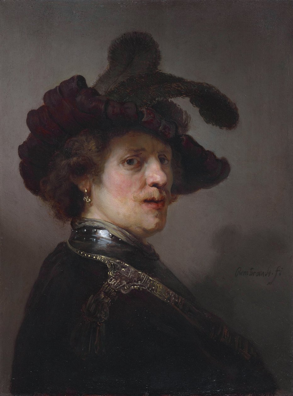 Tronie de un hombre con boina emplumada de Rembrandt van Rijn