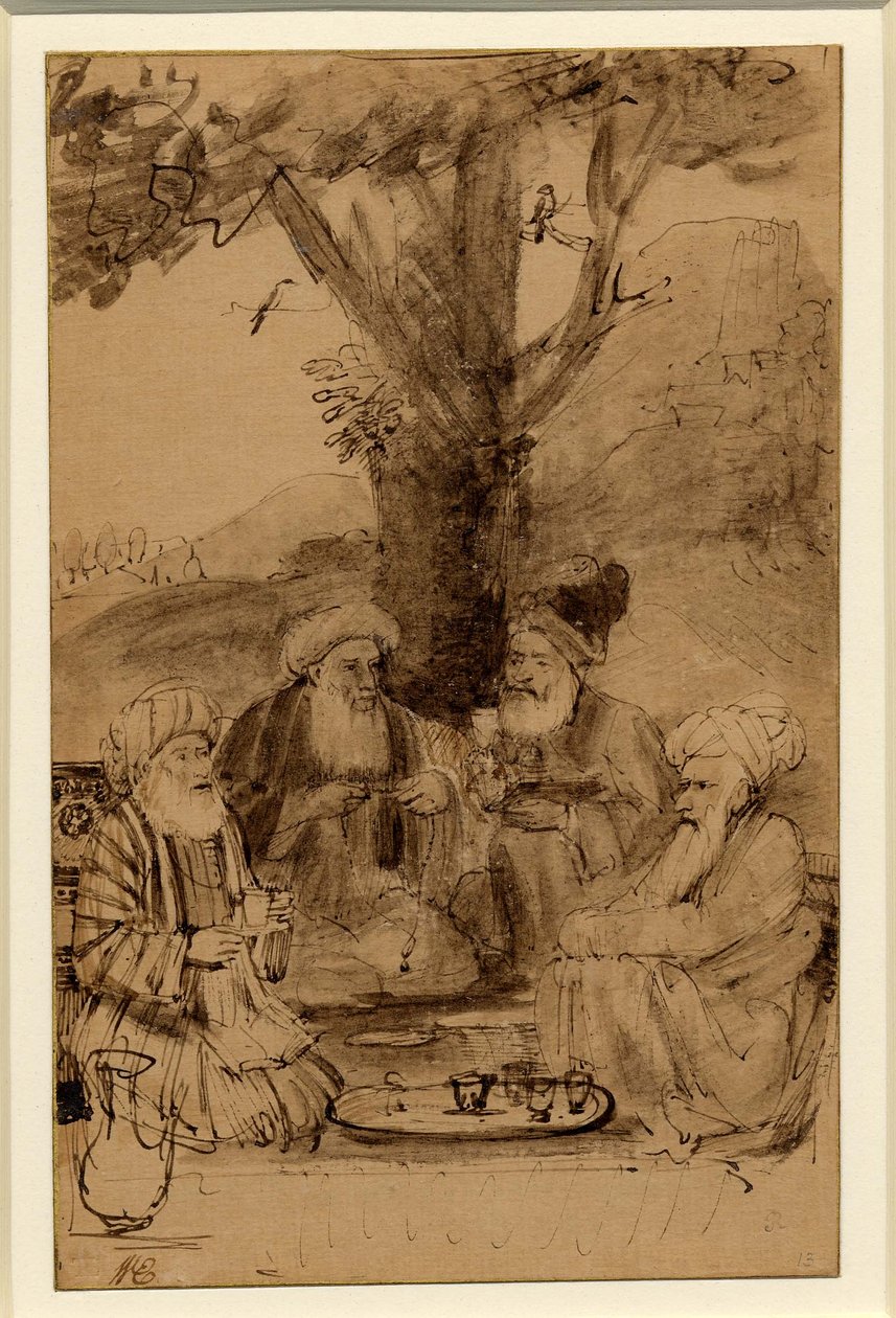 Cuatro mulás sentados bajo un árbol, Rembrandt, c. 1656-61 de Rembrandt