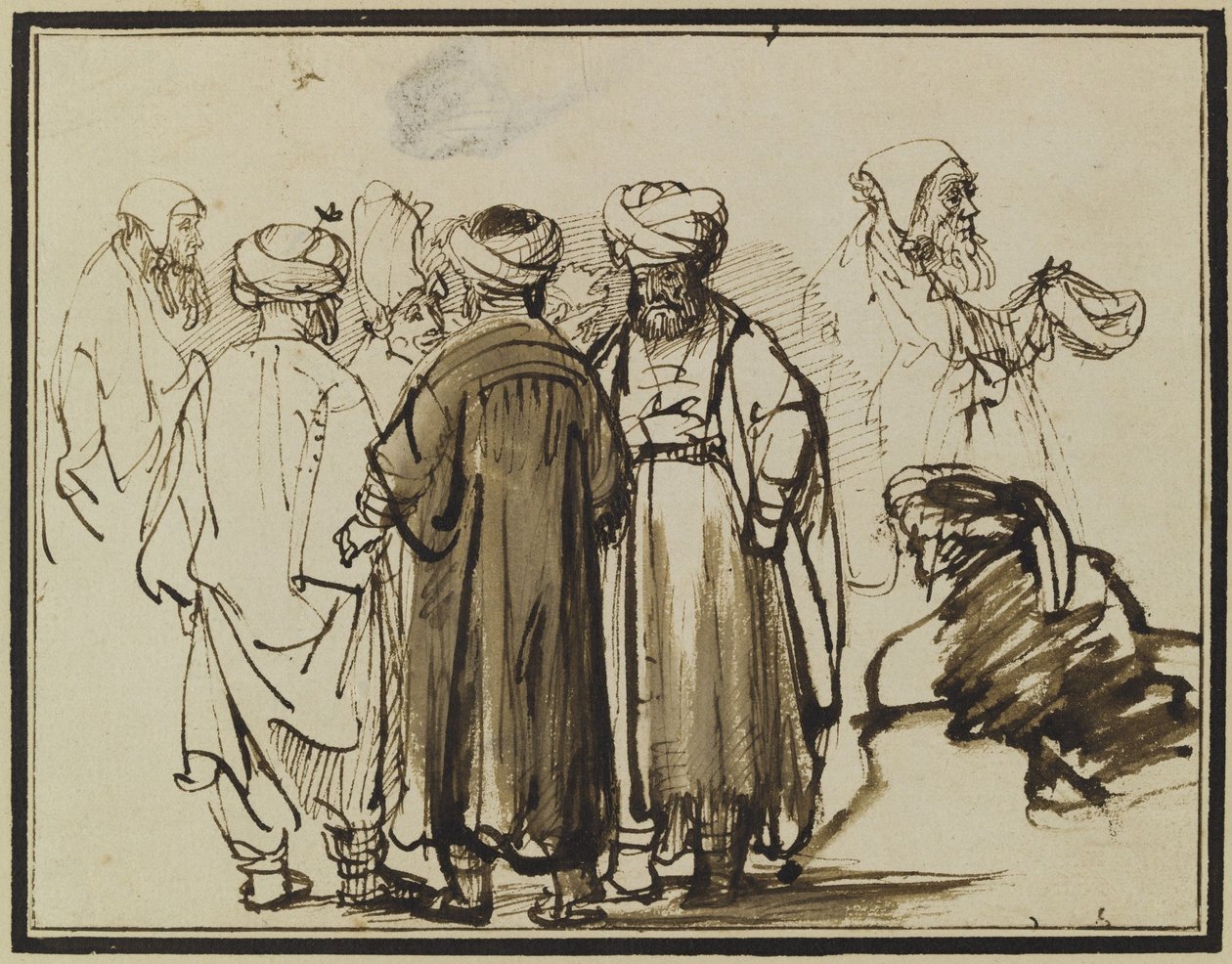 Hombres en traje oriental y dos estudios de un mendigo en la media figura. de Rembrandt