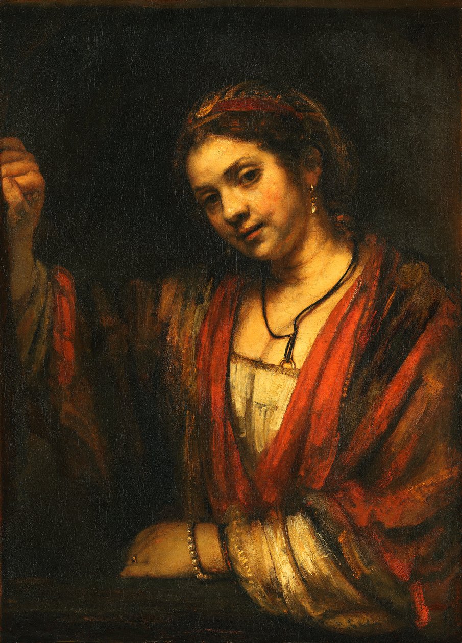 Mujer joven en la puerta superior abierta de Rembrandt