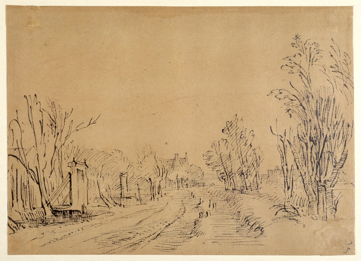 Un camino principal que conduce a una casa a través de árboles (dos puentes y accesos a la dijk) de Rembrandt Harmensz. van Rijn