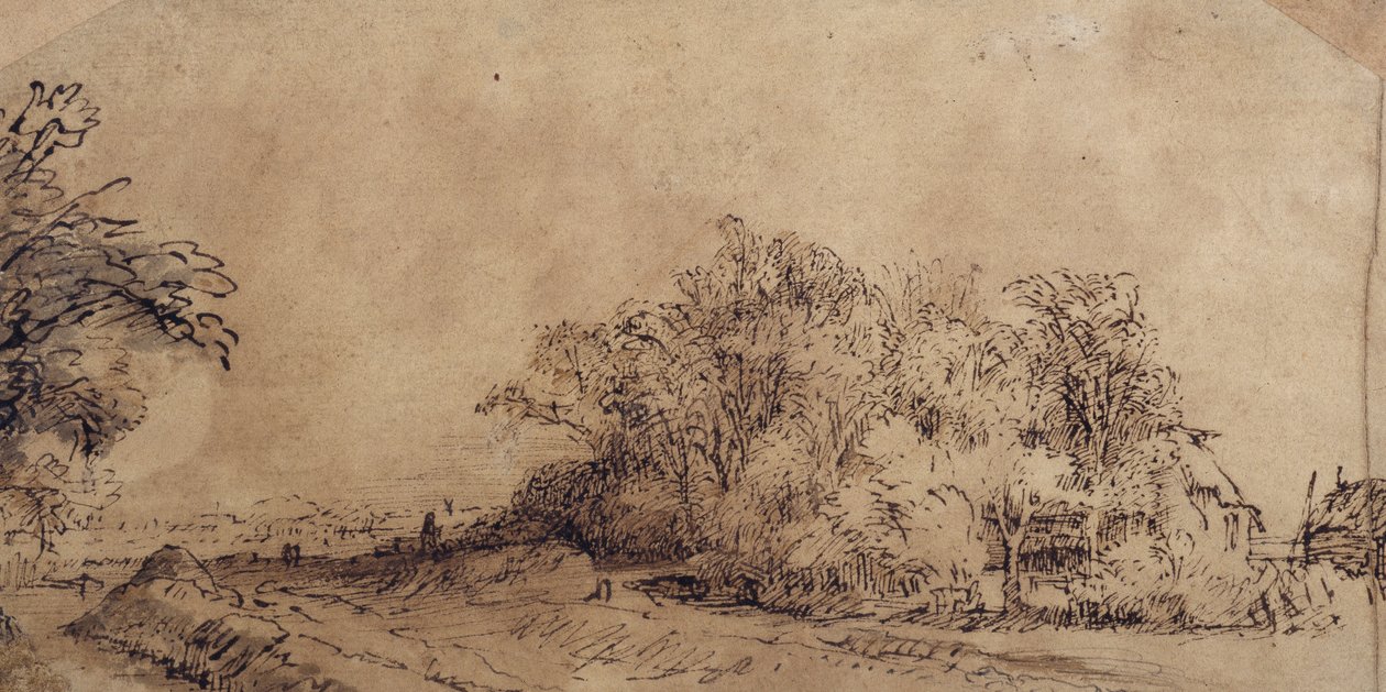 Un camino áspero a lo largo del dique con árboles ocultando una granja de Rembrandt Harmensz. van Rijn