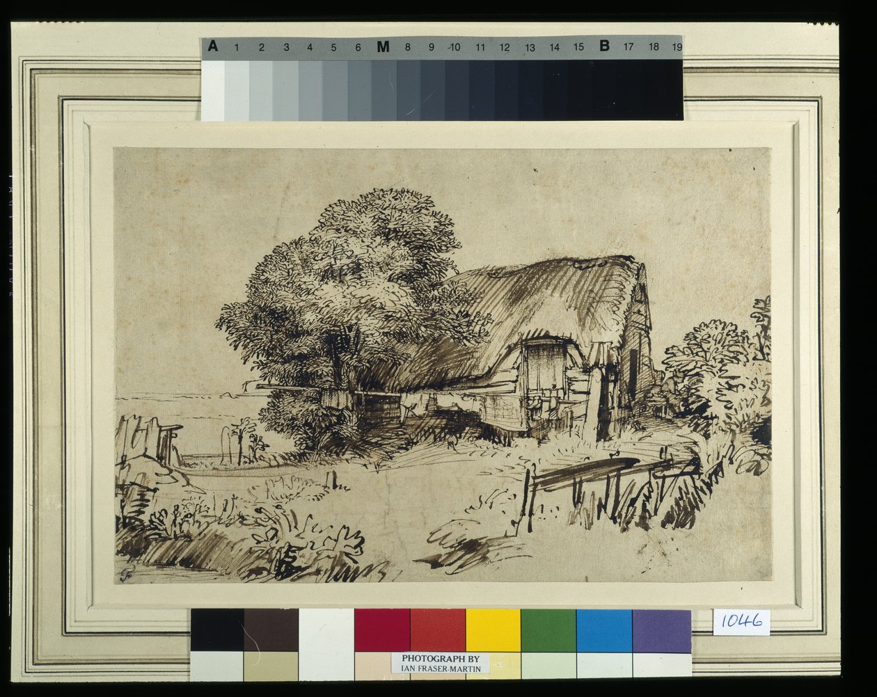 Una cabaña con techo de paja junto a un gran árbol, una figura sentada afuera, c.1648-52 de Rembrandt Harmensz. van Rijn