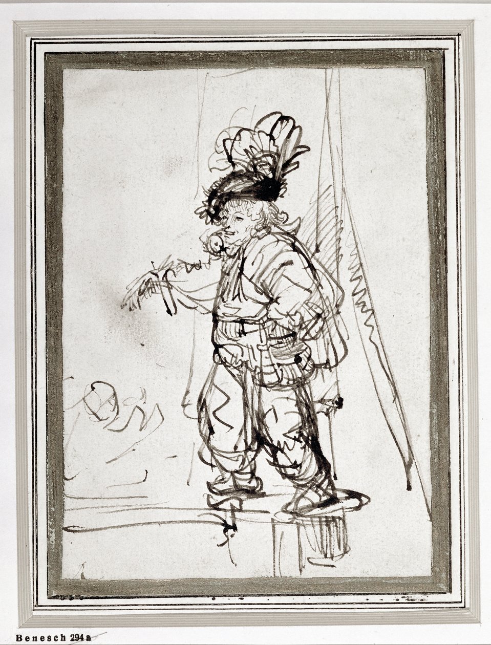 Actor con un loro. Dibujo a pluma y tinta (dibujo) de Rembrandt Harmensz. van Rijn