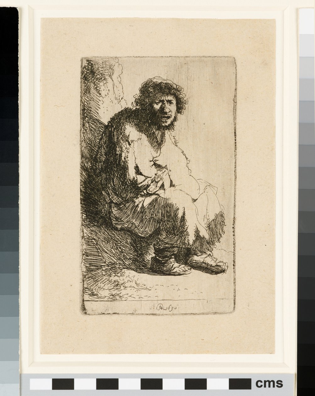 Mendigo sentado en un banco de Rembrandt van Rijn