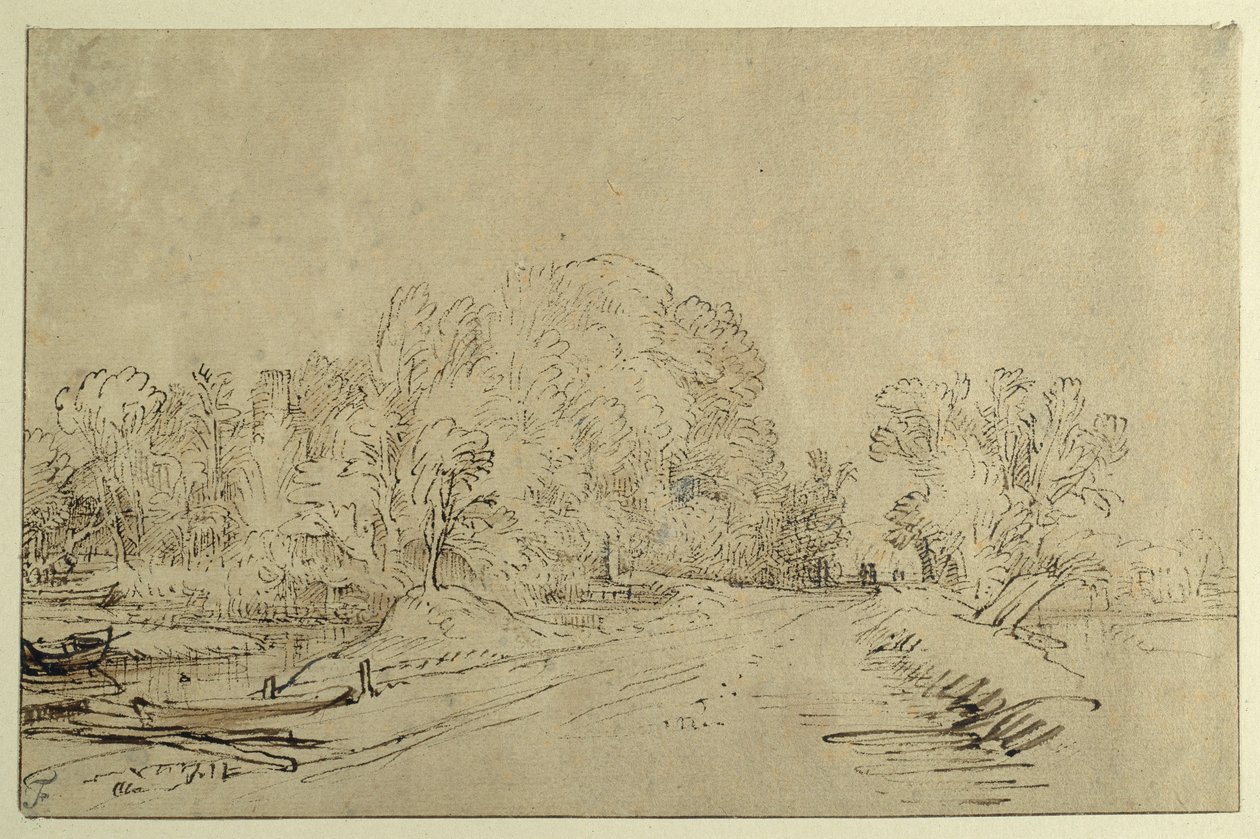 Canal con barcos, un camino de dique y árboles de Rembrandt Harmensz. van Rijn