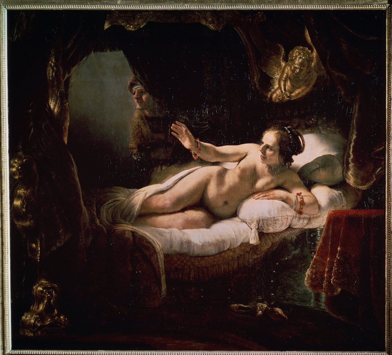 ""Dánae"". Mitología griega: Zeus se presenta a Dánae en forma de lluvia de monedas de oro para seducirla. Pintura de Harmenszoon van Rijn conocida como Rembrandt (1606-1669) de Rembrandt Harmensz. van Rijn