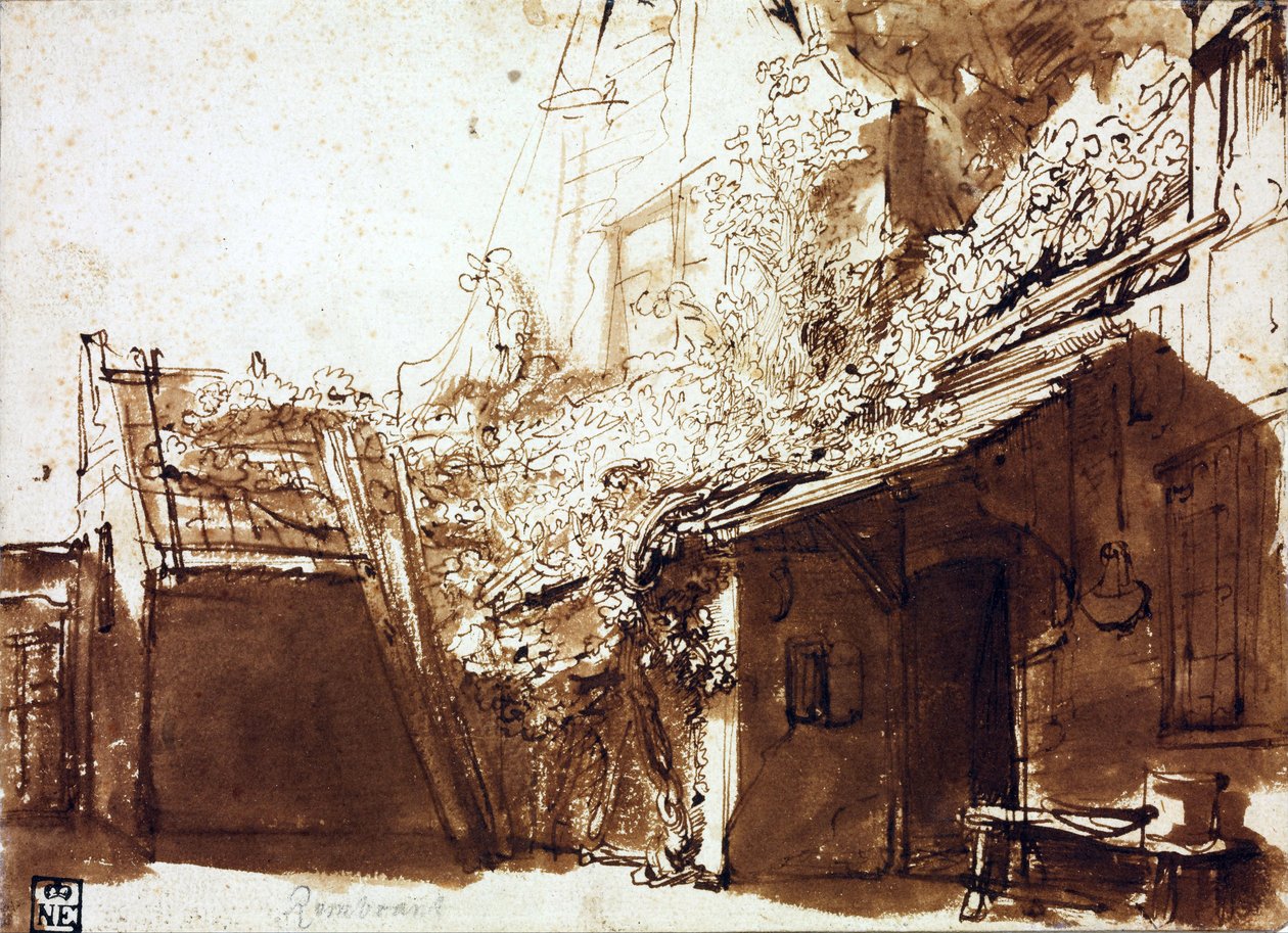Granja con luces y sombras - Rembrandt van Rhijn (1606-1669) - 1635-1636 - Pluma, pincel, color marrón sobre papel - 16,2x22,5 cm - Szepmuveszeti Muzeum, Budapest de Rembrandt Harmensz. van Rijn