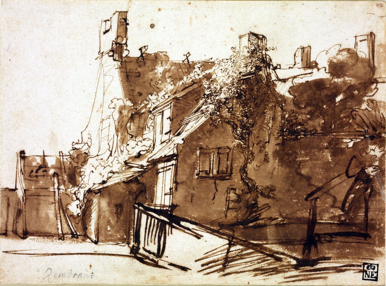 Granja a la luz del sol - Rembrandt van Rhijn (1606-1669) - 1635-1636 - Pluma, pincel, color marrón sobre papel - 16,4x22,3 cm - Szepmuveszeti Muzeum, Budapest de Rembrandt Harmensz. van Rijn