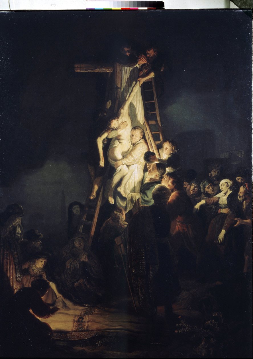 El descenso de la cruz (deposición). El Descendimiento de la Cruz. Entre los personajes que rodean el cuerpo de Jesucristo: la Virgen María, San Nicodemo y San José de Arimatea. Pintura de Harmenszoon van Rijn conocida como Rembrandt (1606-1669) de Rembrandt Harmensz. van Rijn