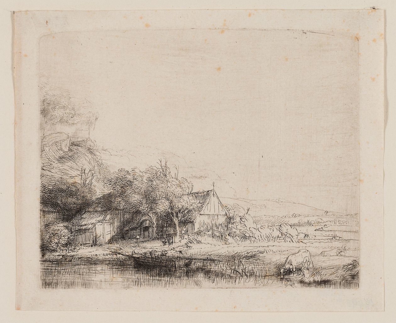 Paisaje con una vaca bebiendo, c.1650 (aguafuerte y punta seca sobre papel verjurado marfil) de Rembrandt Harmensz. van Rijn