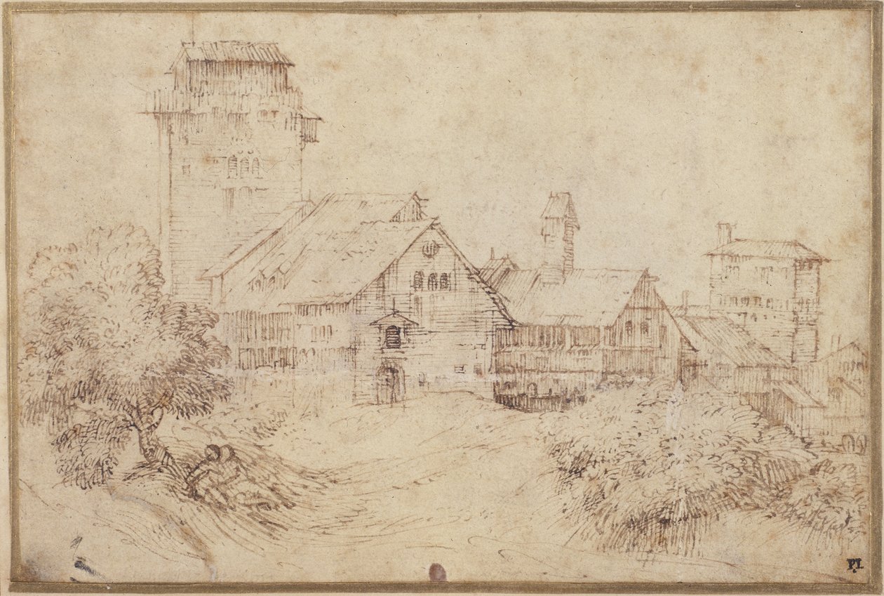 Paisaje con edificios y amantes, abrazándose, después de Tiziano de Rembrandt Harmensz. van Rijn