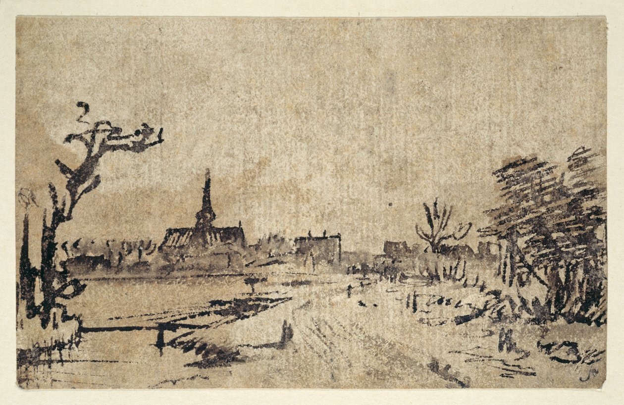 Paisaje con agua, el pueblo de Amstelveen en el fondo, c.1654-55 de Rembrandt Harmensz. van Rijn
