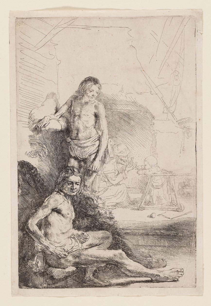 Desnudo masculino sentado y de pie, c.1646 (aguafuerte sobre papel verjurado marfil) de Rembrandt Harmensz. van Rijn