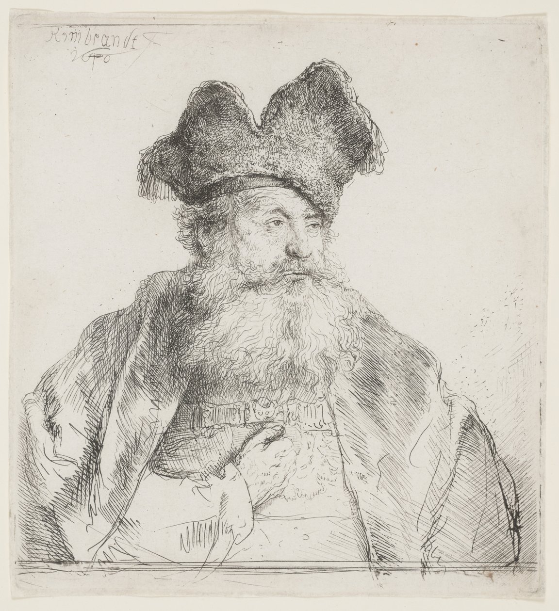 Viejo con gorra de piel dividida de Rembrandt van Rijn
