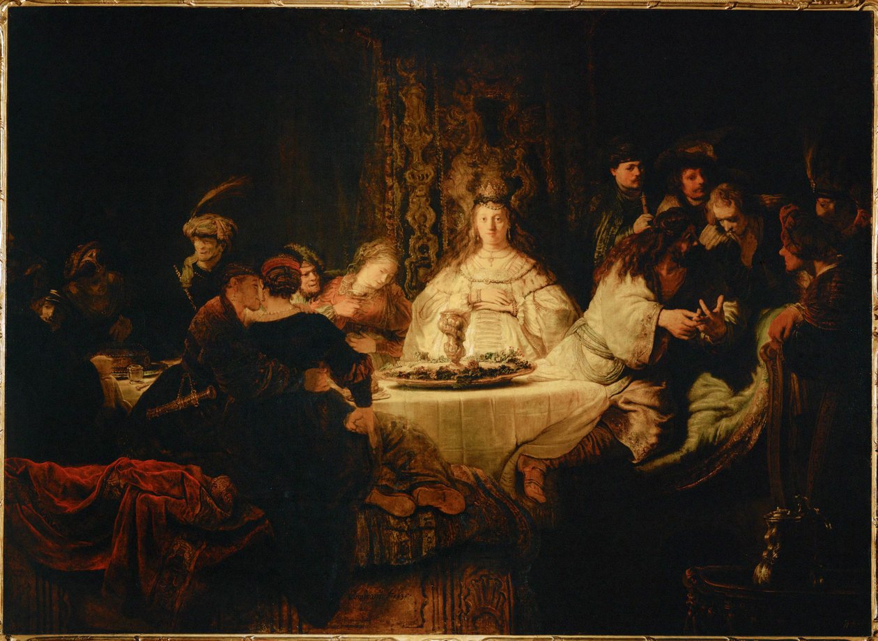 Sansón plantea un acertijo en el banquete nupcial (óleo sobre lienzo) de Rembrandt Harmensz. van Rijn