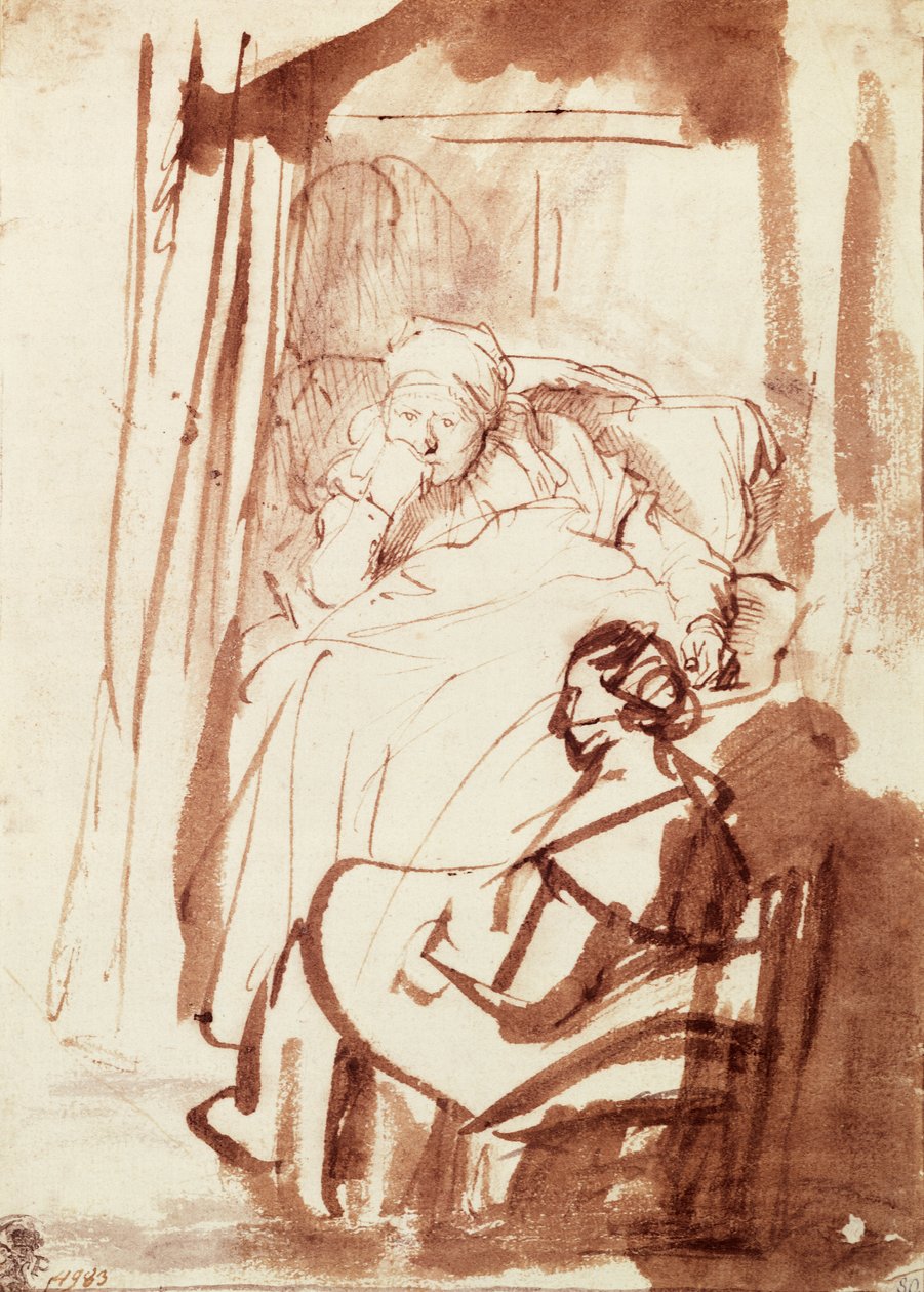 Saskia acostada en la cama, una mujer sentada a sus pies de Rembrandt Harmensz. van Rijn