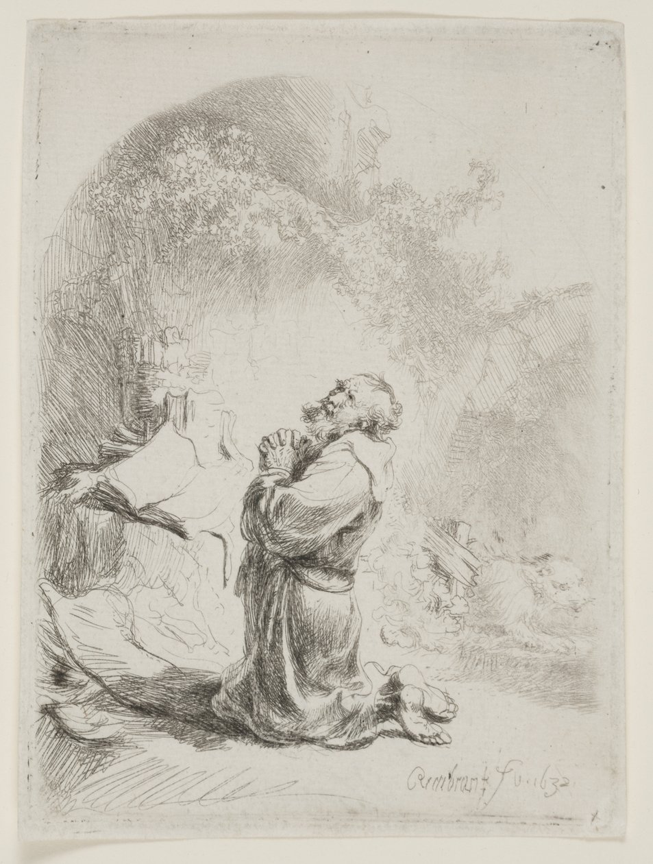 San Jerónimo rezando: impresión arqueada de Rembrandt van Rijn