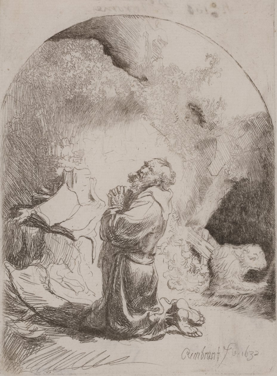 San Jerónimo rezando: Impresión arqueada de Rembrandt van Rijn