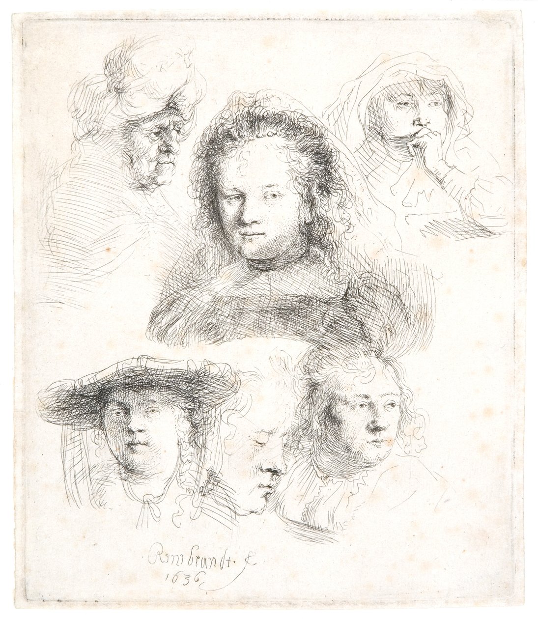 Estudios de la cabeza de Saskia y otros de Rembrandt Harmensz. van Rijn