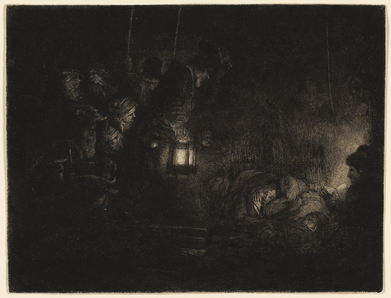 La Adoración de los pastores: Una pieza nocturna, c.1657 (aguafuerte, punta seca y buril en negro sobre papel verjurado de marfil) de Rembrandt Harmensz. van Rijn