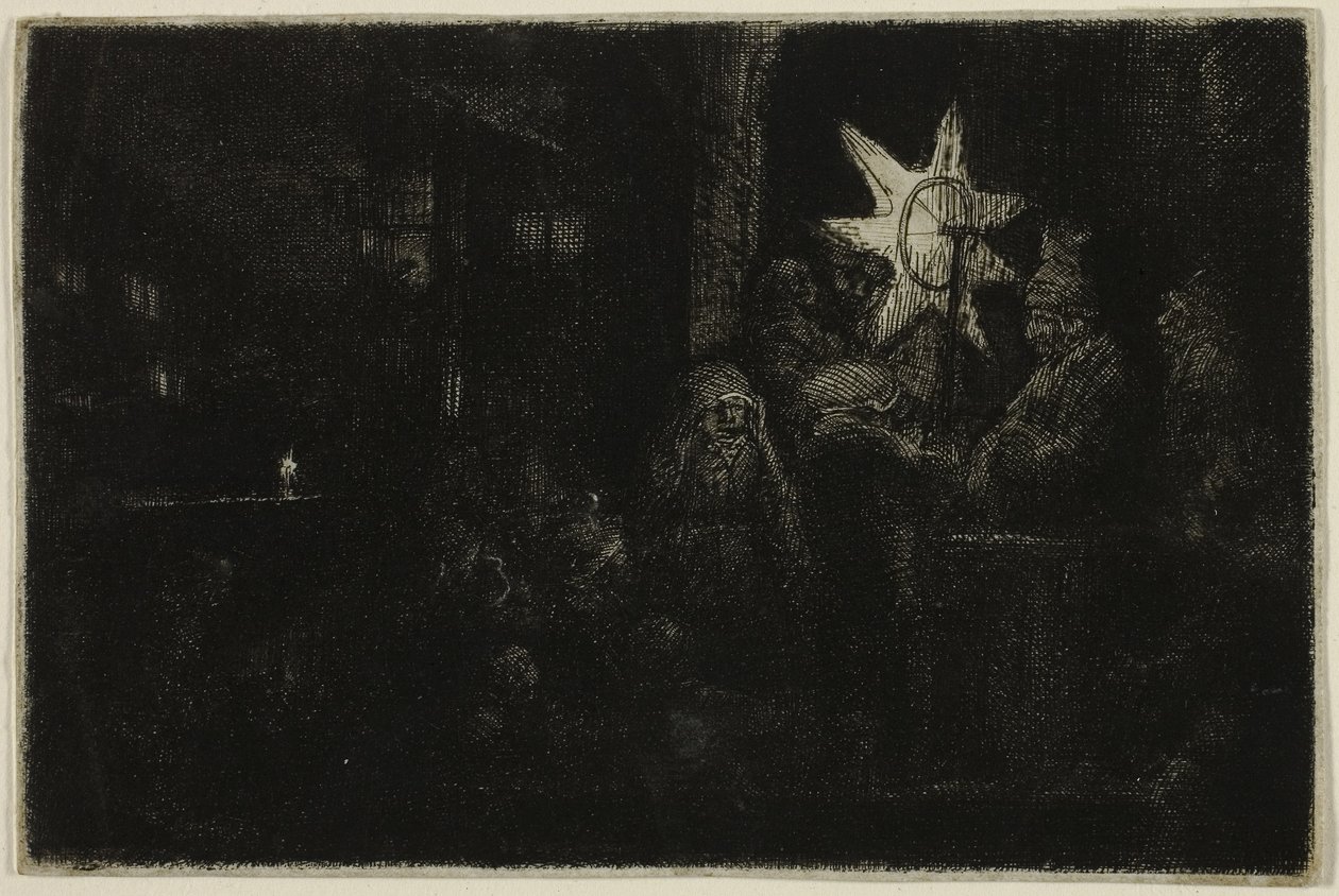 La Estrella de los Reyes: Una pieza nocturna, c.1651 (aguafuerte, punta seca y grabado sobre papel verjurado de marfil) de Rembrandt Harmensz. van Rijn