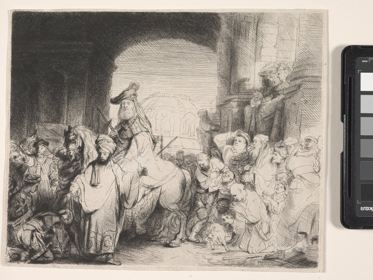 El triunfo de Mardoqueo (aguafuerte y punta seca) de Rembrandt Harmensz. van Rijn
