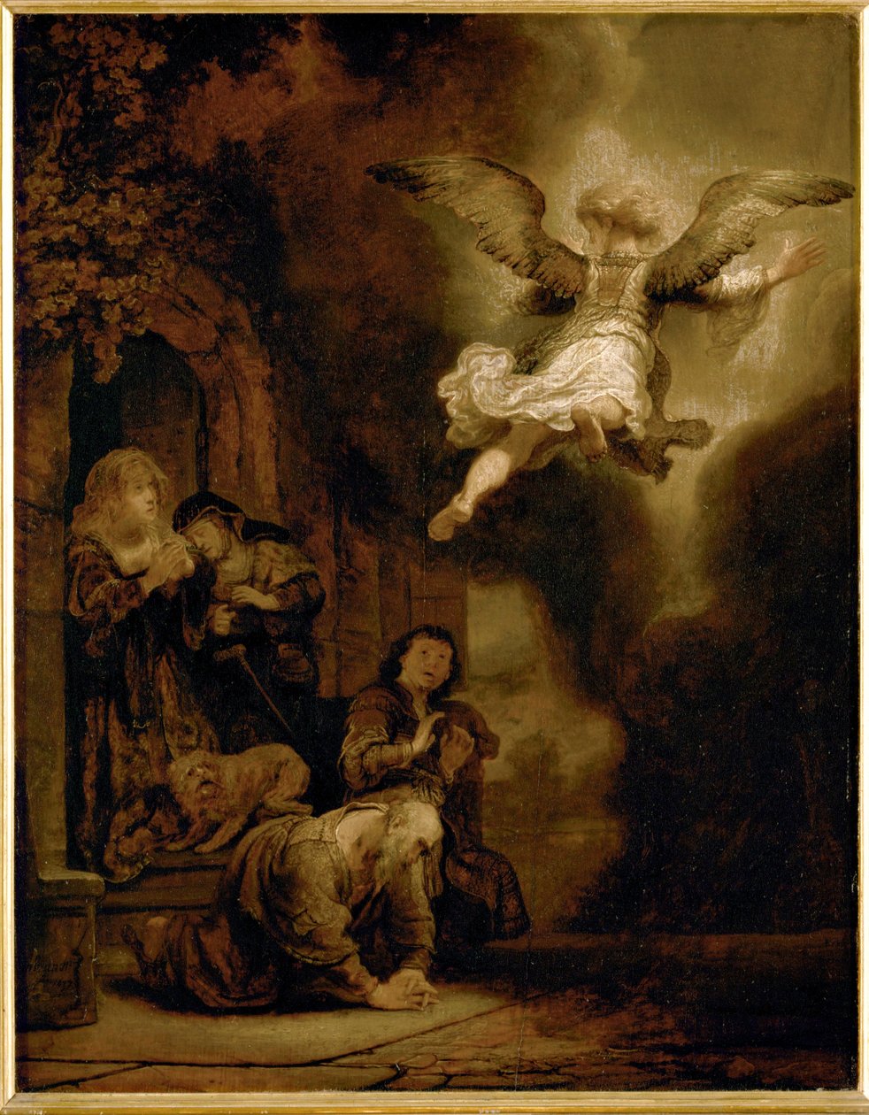 El arcángel Rafael deja a la familia de Tobit ... de Rembrandt Harmensz. van Rijn