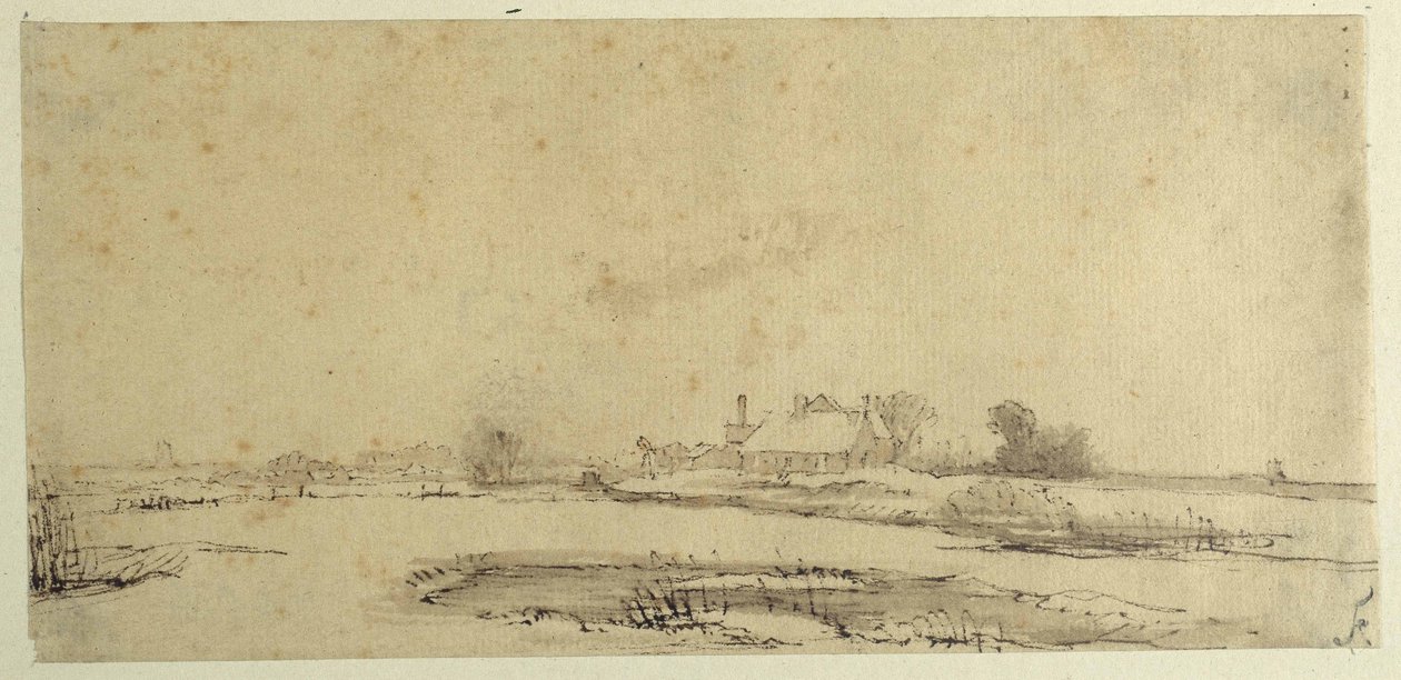 Agua, prados y una granja de Rembrandt Harmensz. van Rijn