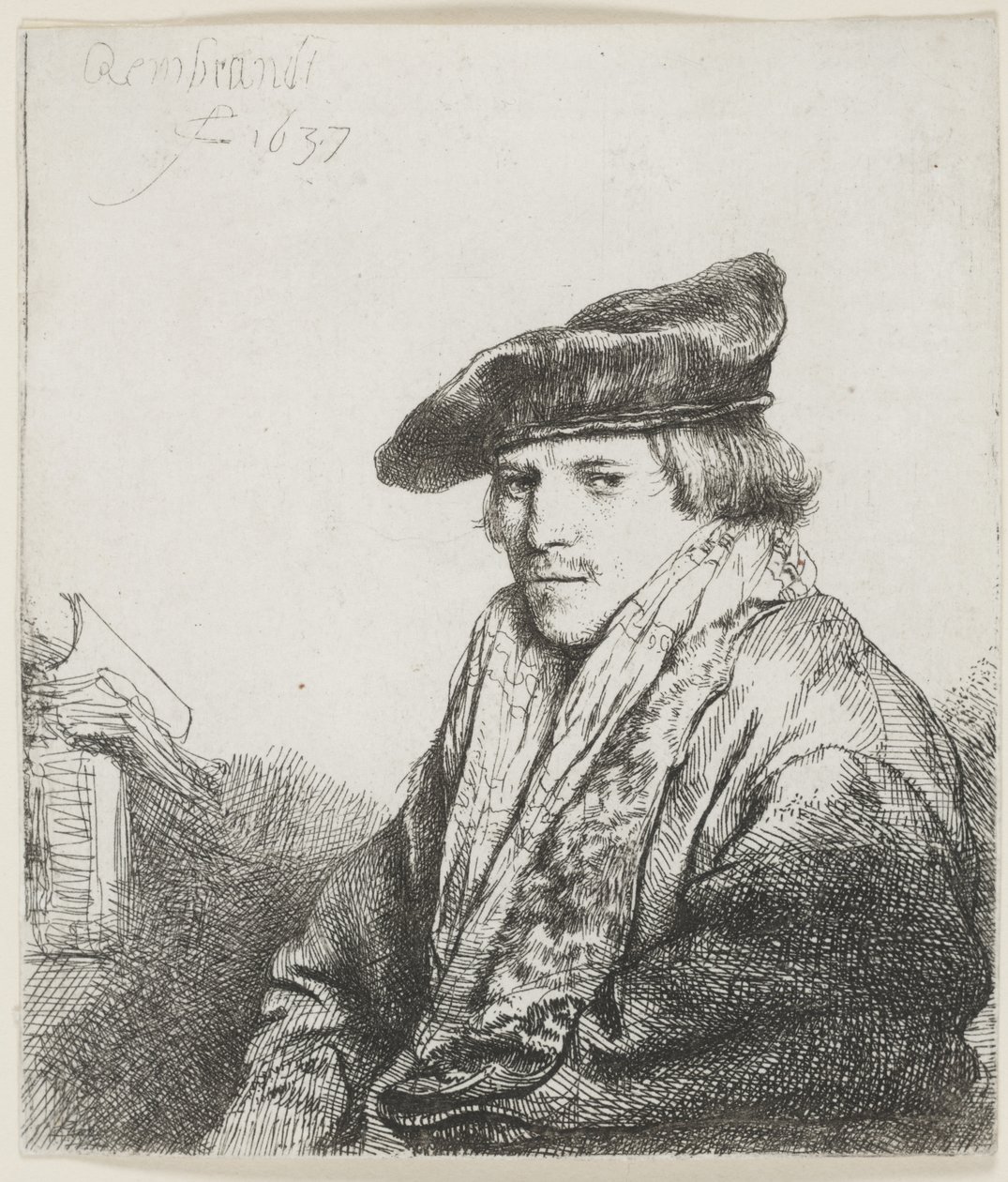 Joven con gorra de terciopelo con libros a su lado de Rembrandt van Rijn