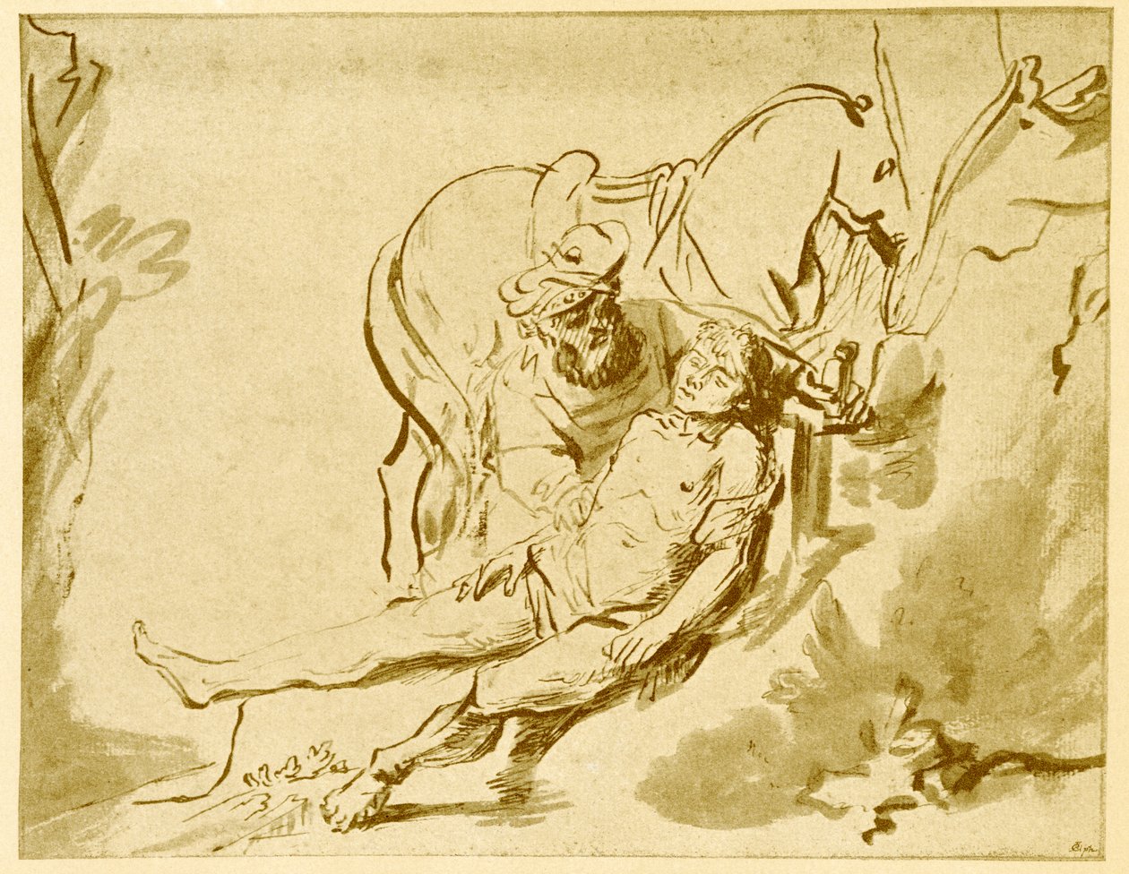 El Buen Samaritano examinando al herido de Rembrandt van Rijn