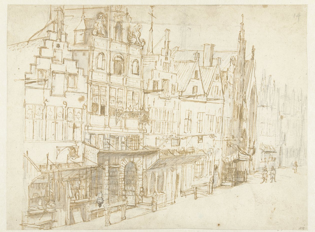 Vista de una hilera de casas en una ciudad de Rembrandt van Rijn (school of)