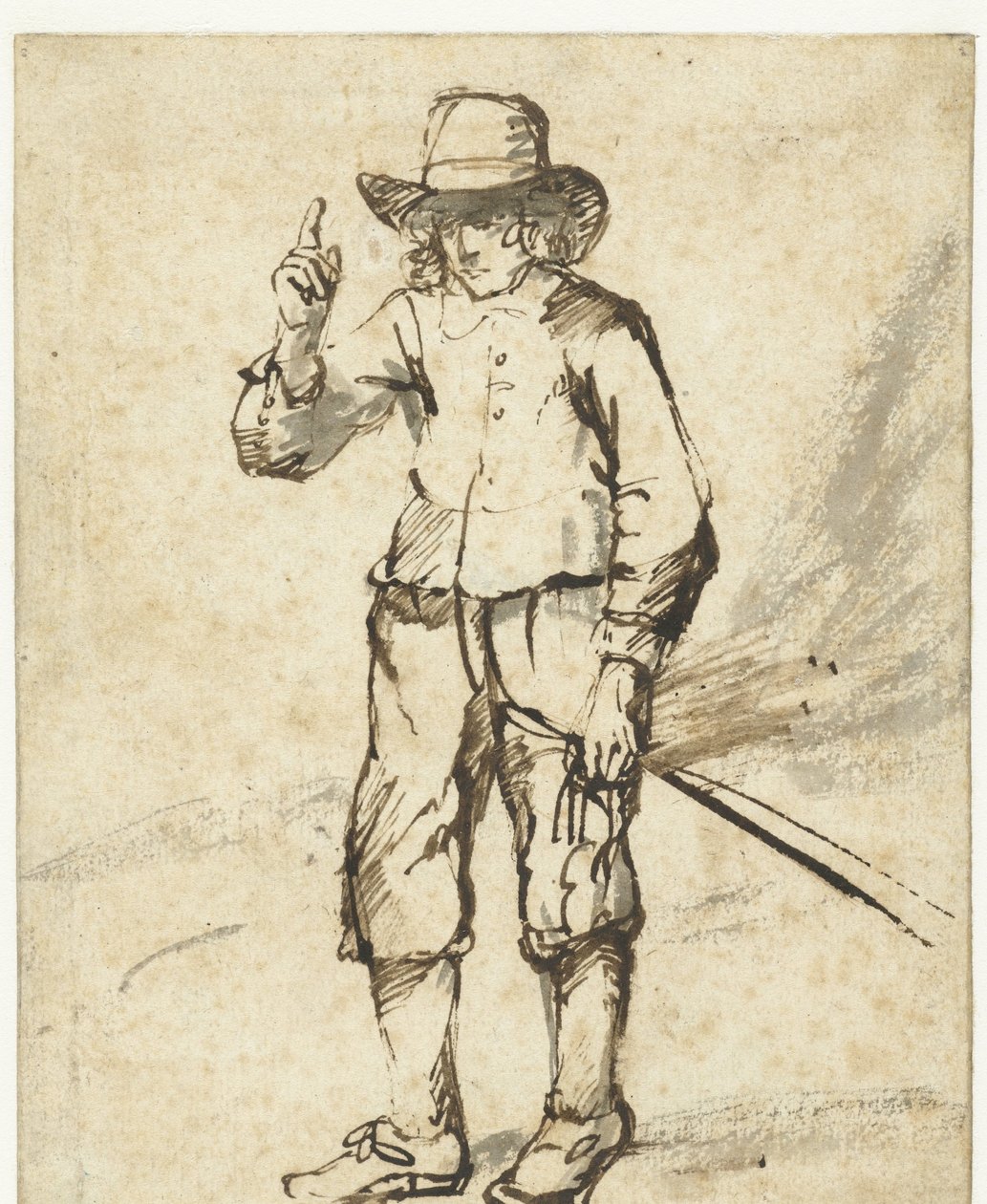 Niño de pie sosteniendo un látigo y levantando su mano derecha de Rembrandt van Rijn (school of)