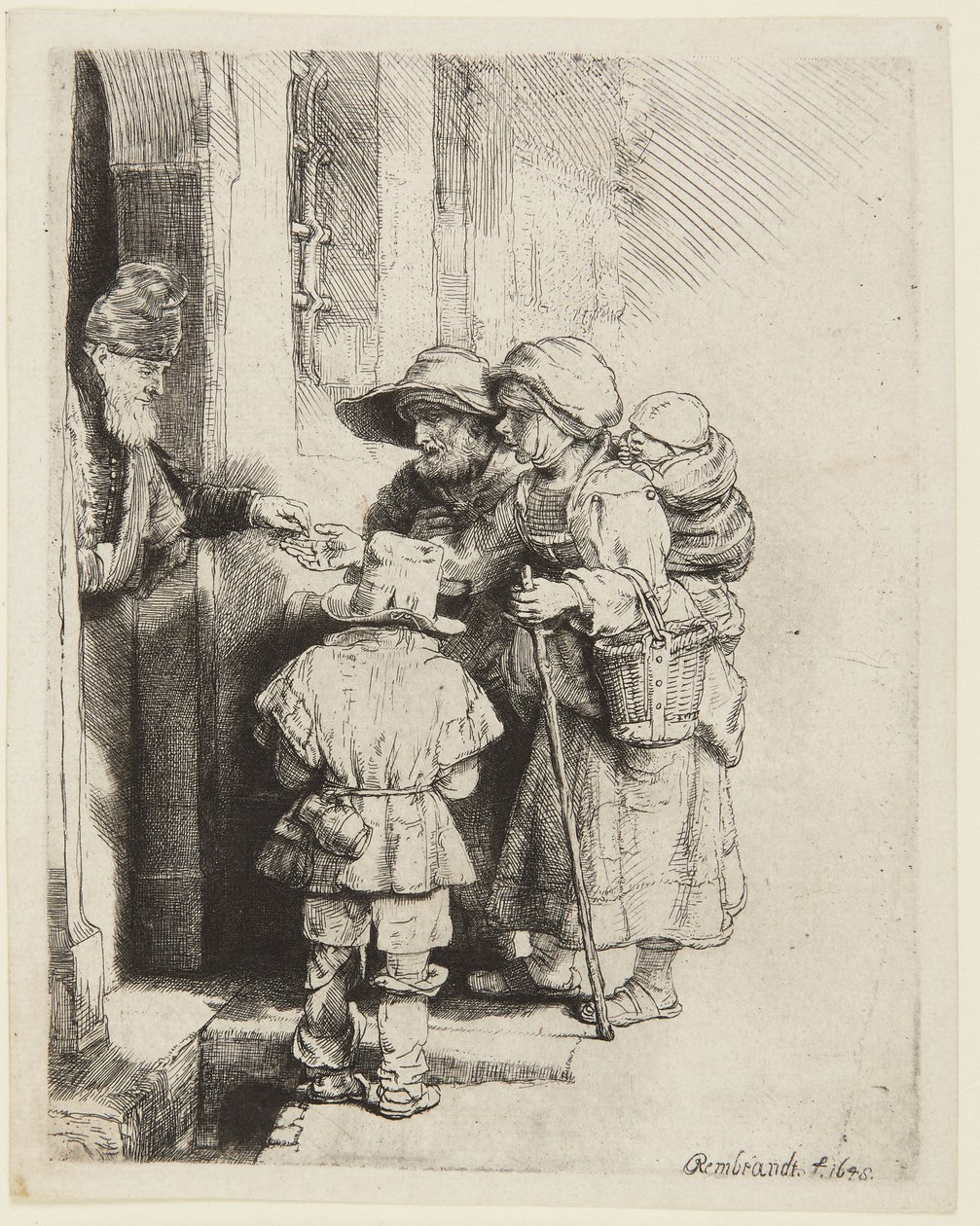 Un tocador ciego de zanfona y su familia recibiendo limosna de Rembrandt van Rijn