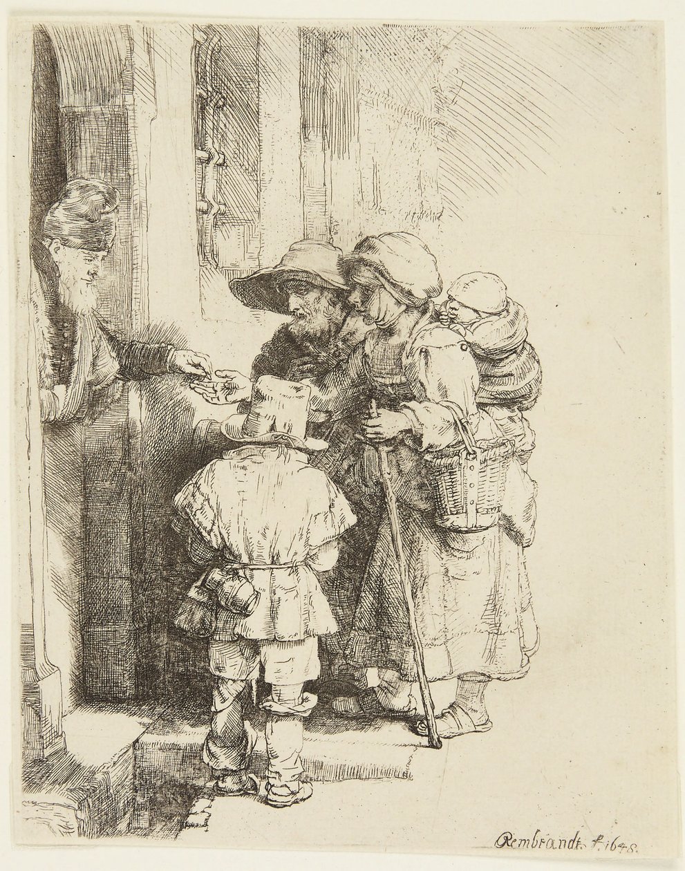 Un tocador ciego de zanfona y su familia recibiendo limosna de Rembrandt van Rijn