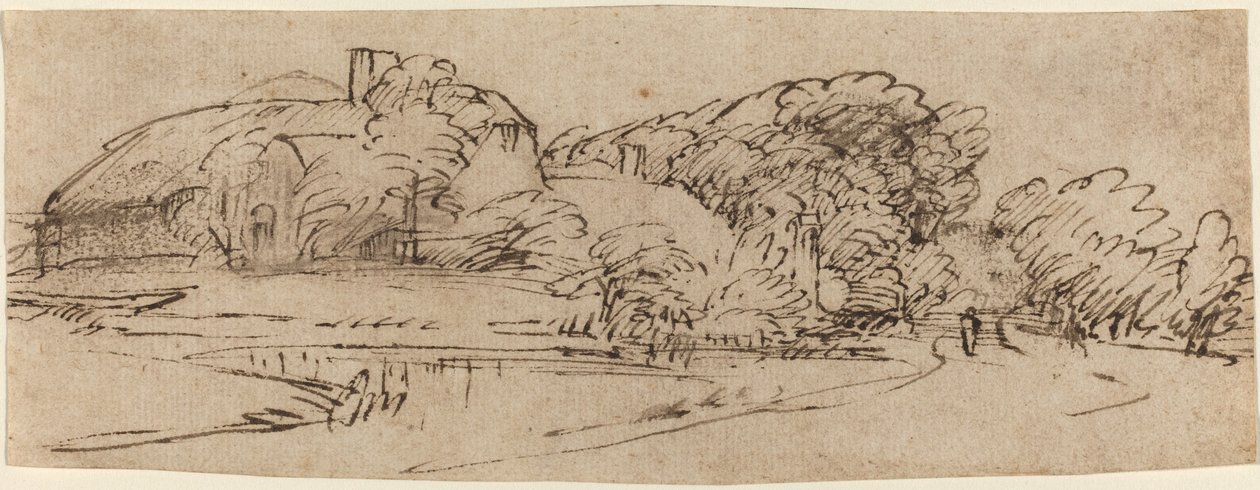 Un paisaje con edificios de granja entre árboles de Rembrandt van Rijn