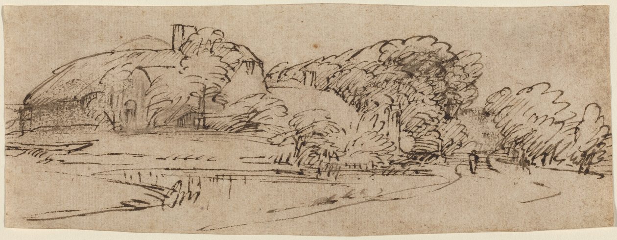 Un paisaje con edificios agrícolas entre árboles de Rembrandt van Rijn